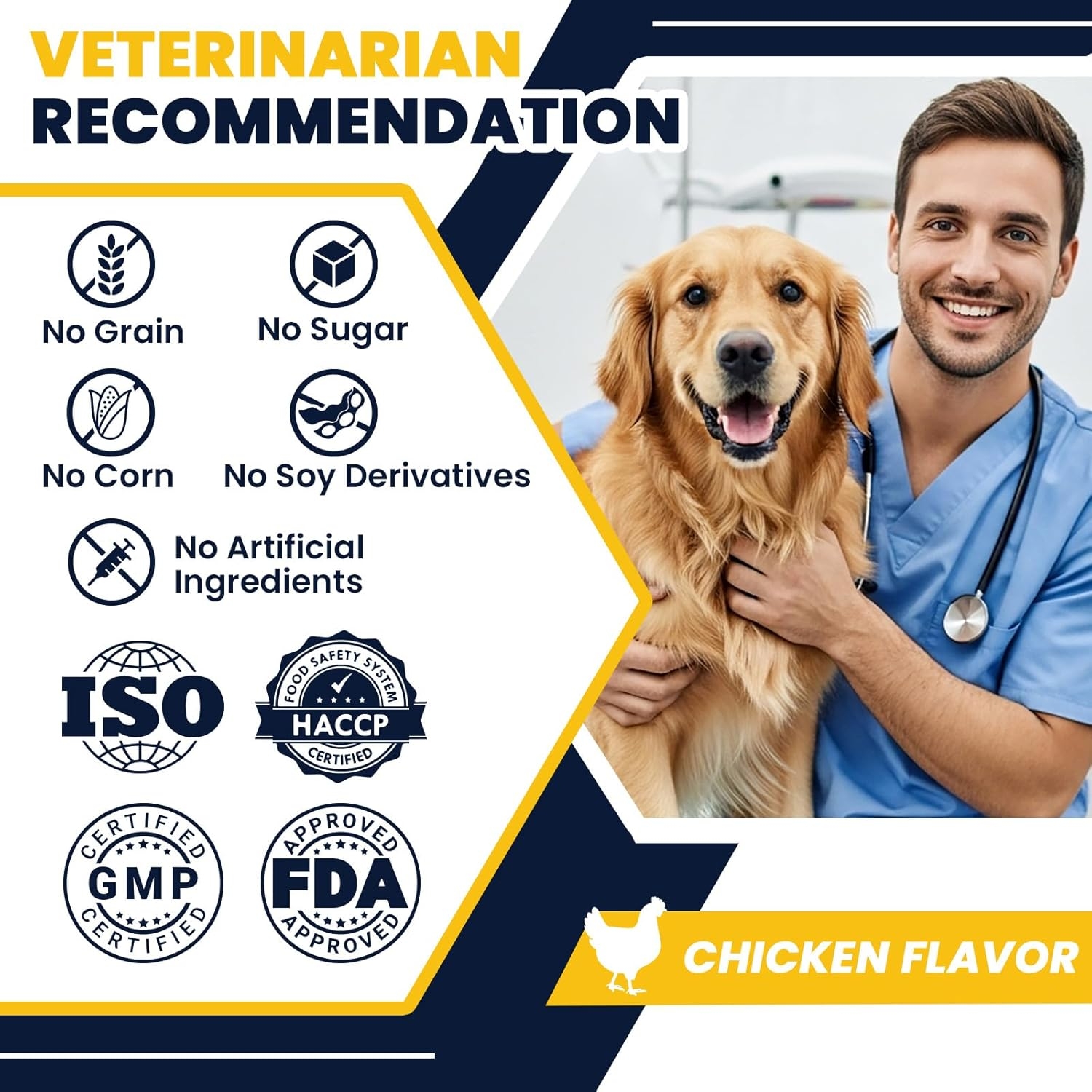 Veterinarian recommendation panel with dog and ingredient-free quality badges